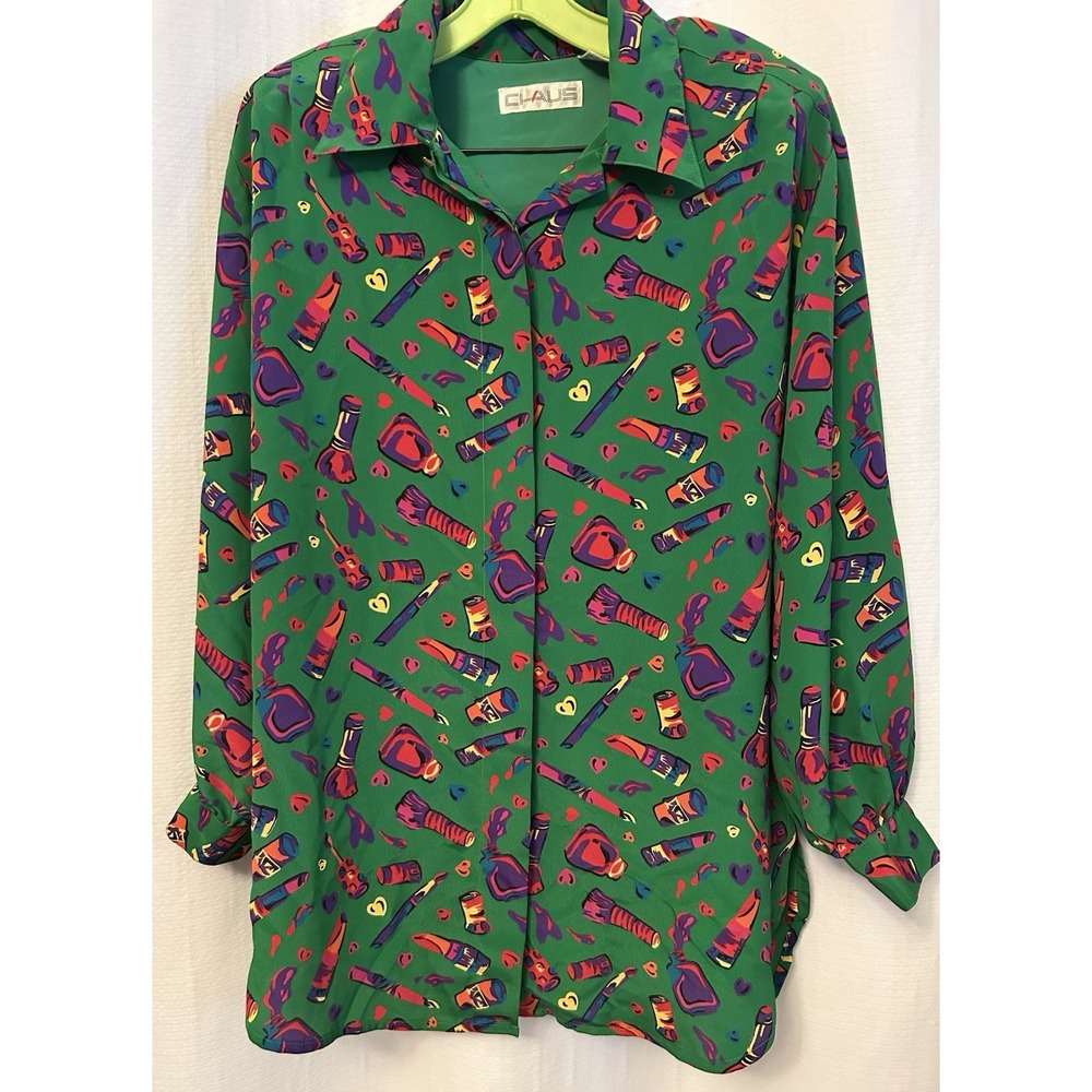 VTG Green Novelty Print Blouse Womens 10 Makeup Lipstick Long Sleeve Button Up